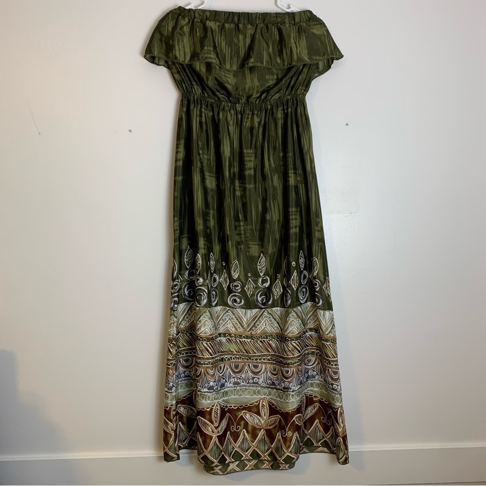 Mine Green & Brown Tropical Strapless Maxi Dress